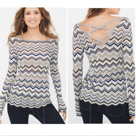 WHBM White Black Blue Gray Chevron Knit Criss Cross Back Knit Top Size XS - Picture 1 of 11